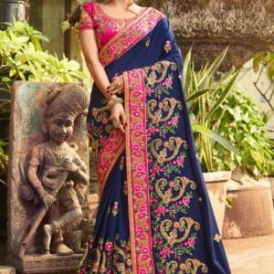 Embroidered Fancy Silk (Art Silk) Saree in Dark Blue